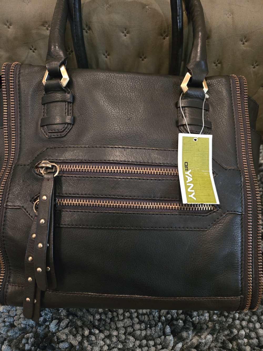 orYANY Black Leather Satchel with Brass-Tone Zipper & Brown Accents.  Excellent